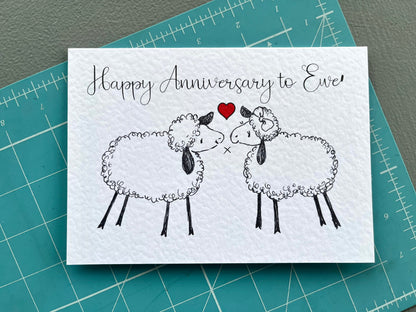 Sheep Anniversary Greeting Card- Happy Anniversary To Ewe - Adorable Cute Woolley Sheep Couple - Illustration