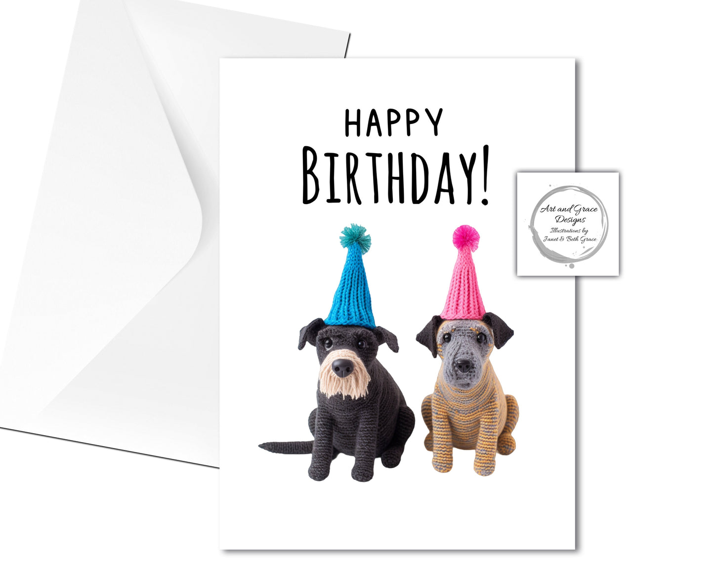 Funny Knitted Dogs with Party Hats Greeting Card - Happy Birthday - Cute Dogs - Funny Card For Loved One -Cute Animal