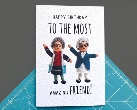 Funny Friend Card -Knitted Ladies-  Birthday Card For Best Friend - Cute Knitted People - Old Ladies Dancing