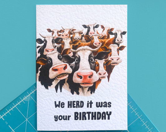 Funny Cow Card, We Herd' It Was Your Birthday, Funny Herd of Cows Drawing - Cute Cows