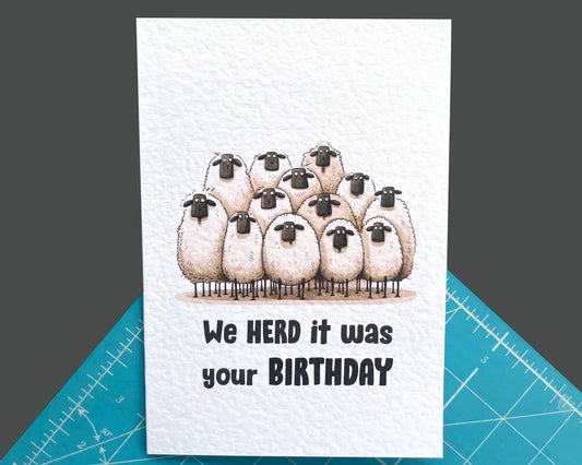 Funny Sheep Card, We Herd' It Was Your Birthday, Funny Herd of Sheep Drawing - Cute Sheep - Cattle