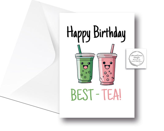 Cute Best -Boba Tea Card - Birthday Card For Best Friends - Cute Illustration - Teacups - Pastel Pink And Green Design