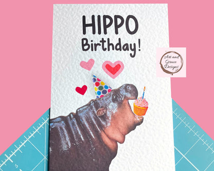 Moo Deng Birthday Card - Viral Hippo Handcrafted Birthday Meme Card - Birthday Cake