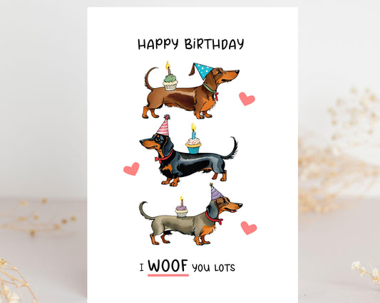 Cute Dachshund Dog Card with Party Hat and Cupcakes Greeting Card - Happy Birthday - Adorable Sausage Dog Card