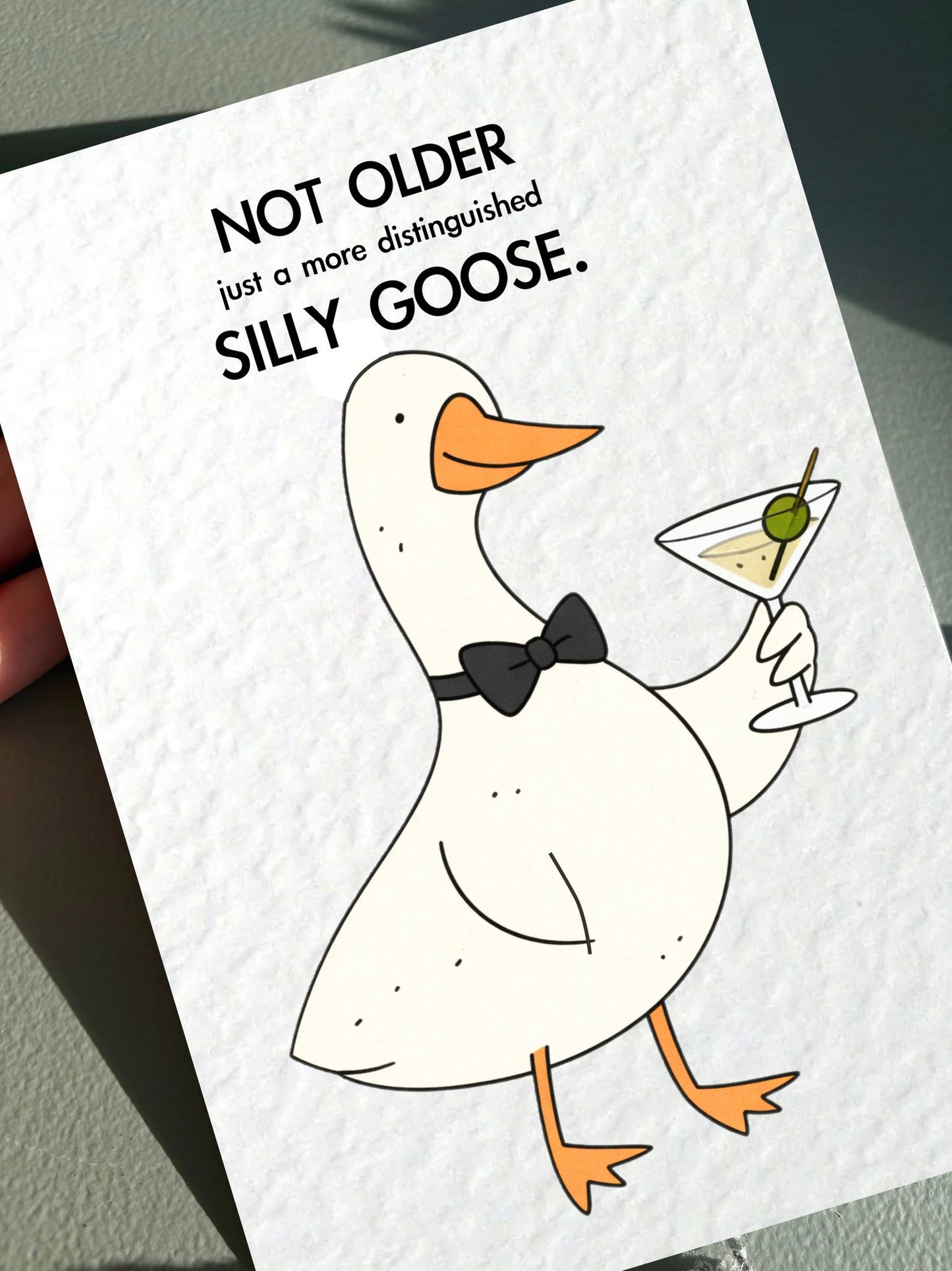 Funny Distinguished Goose Birthday Card: Goose Holding Martini Cocktail Drink, Silly Goose Greeting Card