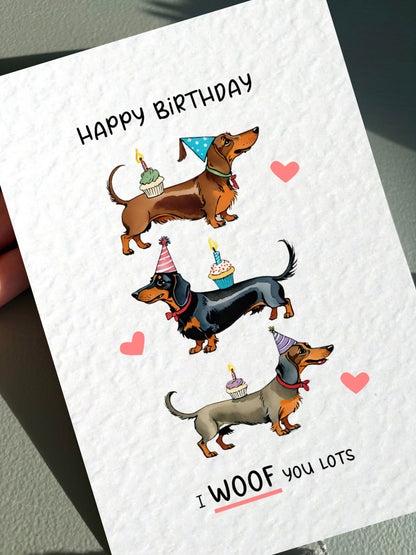 Cute Dachshund Dog Card with Party Hat and Cupcakes Greeting Card - Happy Birthday - Adorable Sausage Dog Card