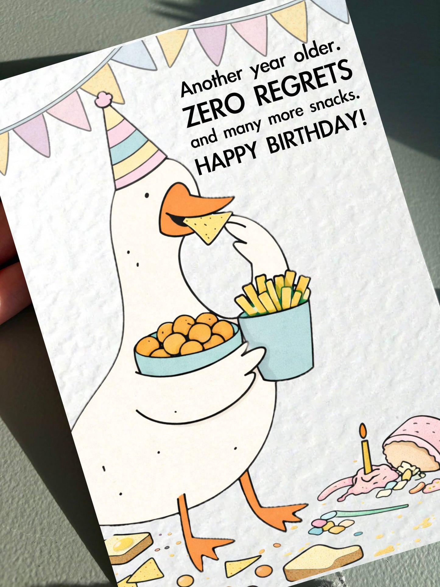 Funny Silly Goose Birthday Card: Humorous Design, Snacks and Zero Regrets, Cute Animal Greeting Card