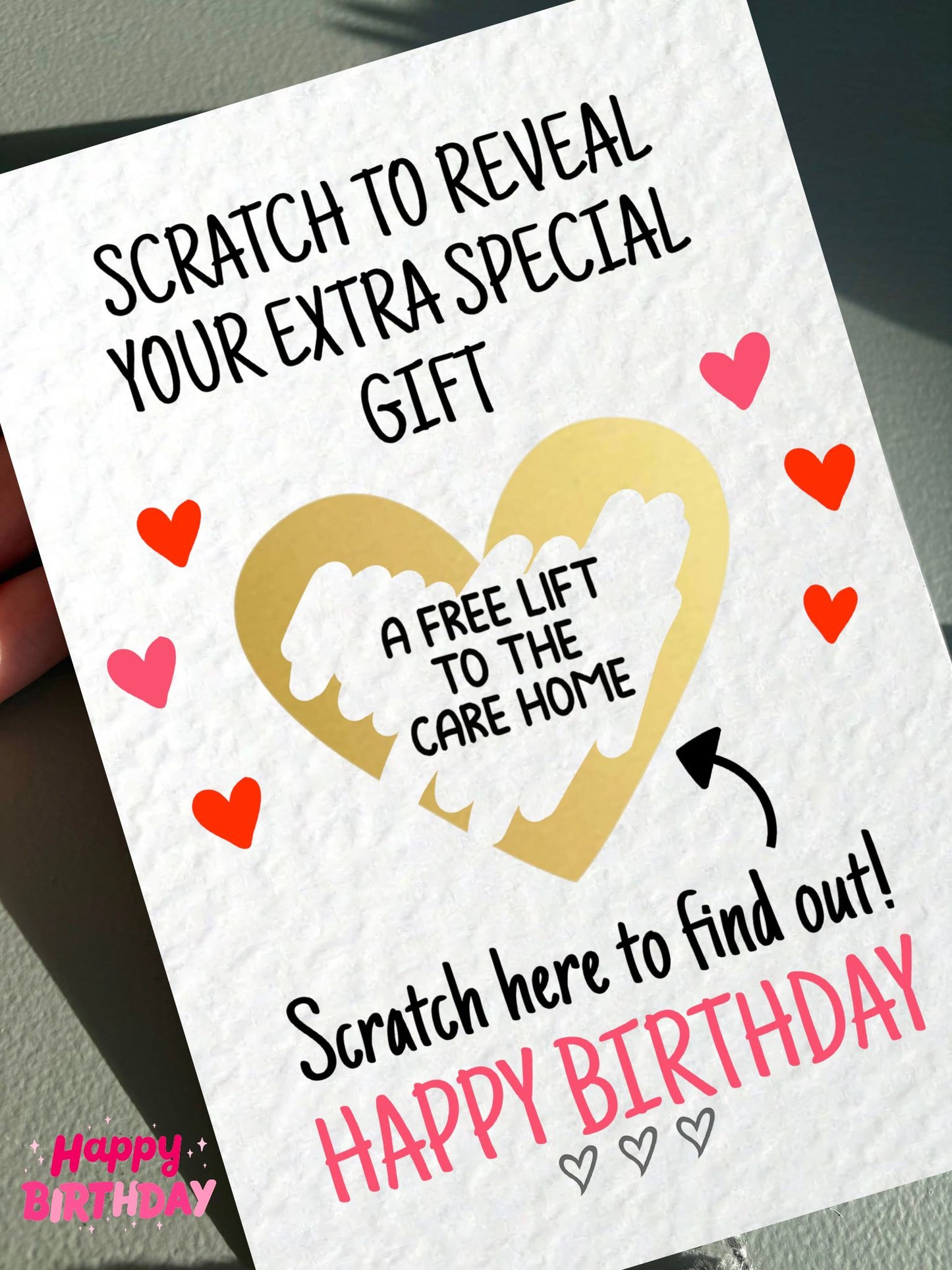 Birthday Funny Surprise Greeting Card, Gift Reveal, Surprise Gift, Gold Heart, Free Lift To The Care Home, Grandparents, Parents