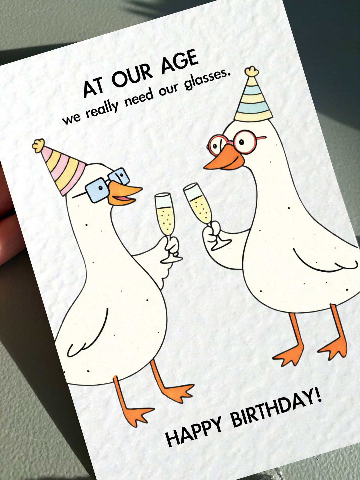 Funny Goose, Geese Wearing Glasses, Holding Glasses Of Champagne, Card For Friend