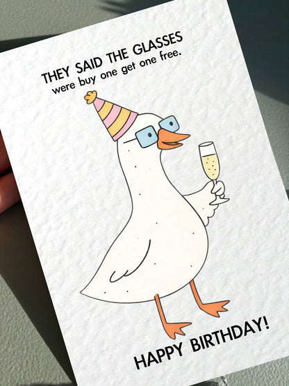 Funny Goose, Geese Wearing Glasses Joke Greeting Card, Holding Glass Of Champagne, Card For Friend